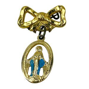 Vintage Gold-Tone Bow & Virgin Mary Religious Brooch Pin Blue Enamel Accents